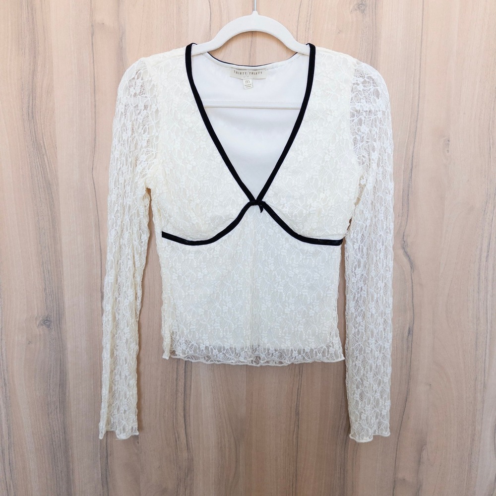 Y2K Thirty Thirty Lace Long Sleeve Mesh Top Sz M Cream Coquette Romantic Ballet‎